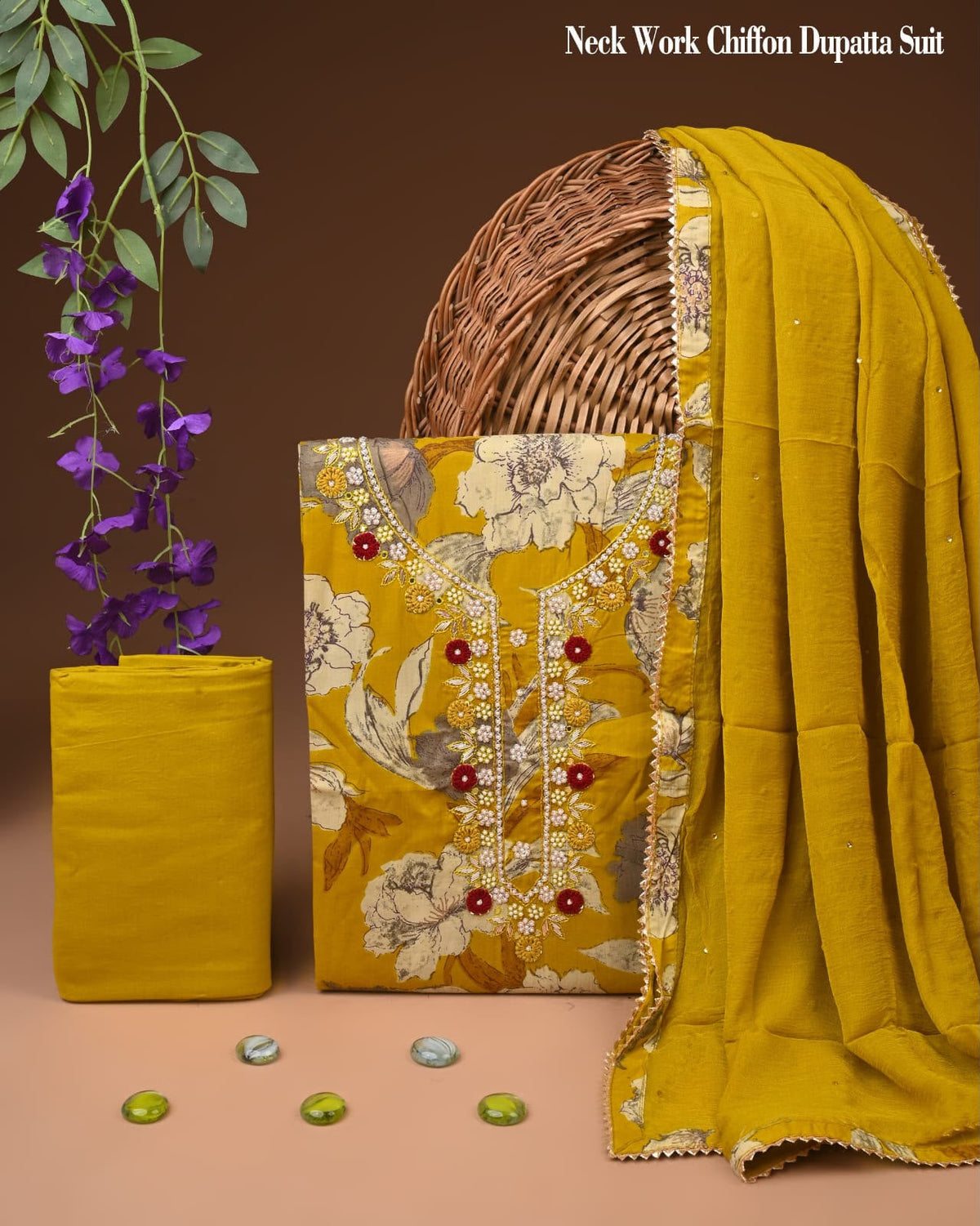 Premium Gota Patti Work Cotton Suit Set With Chiffon Dupatta