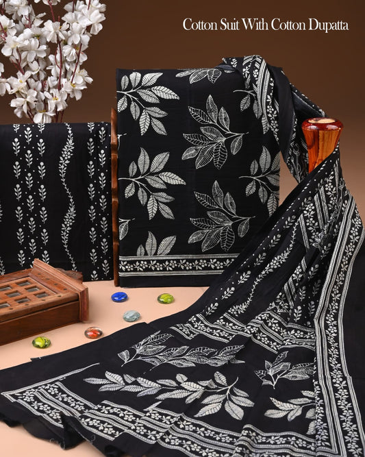 Pure Soft Cotton Hand Block Printed Suit Set With Cotton Dupatta
