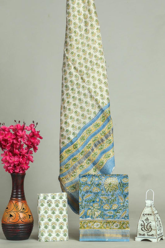 Premium Designer Handblock Printed Maheshwari Silk Suit Set