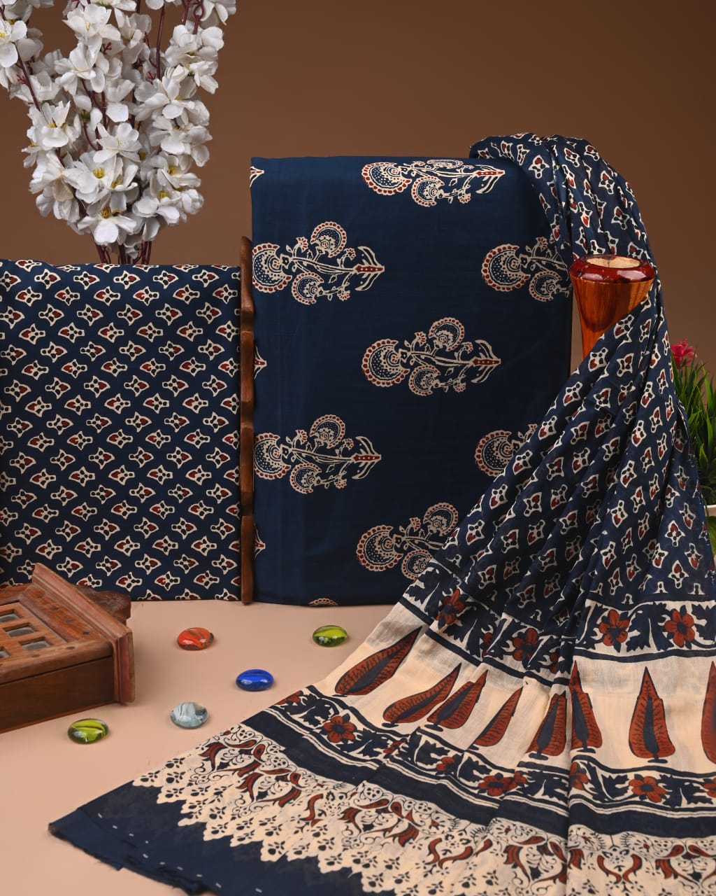 Designer Hand Block Printed Cotton Suit Set With Cotton Dupatta