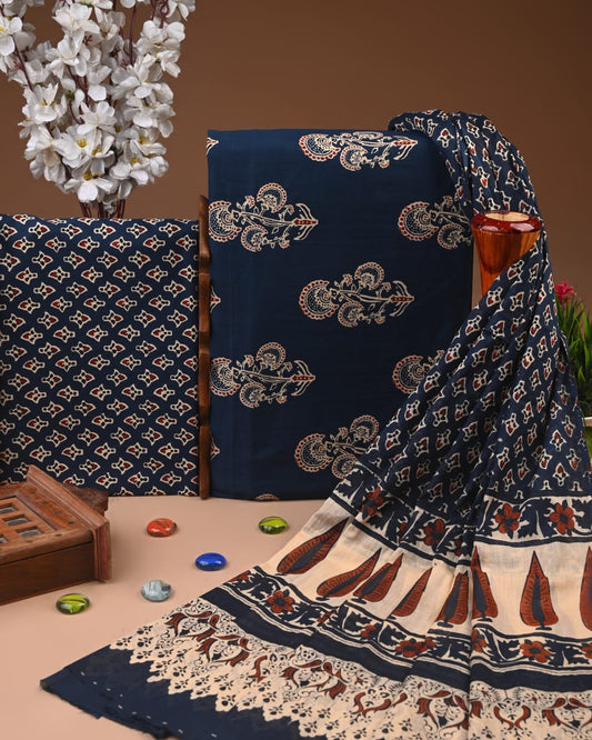 Designer Hand Block Printed Cotton Suit Set With Cotton Dupatta
