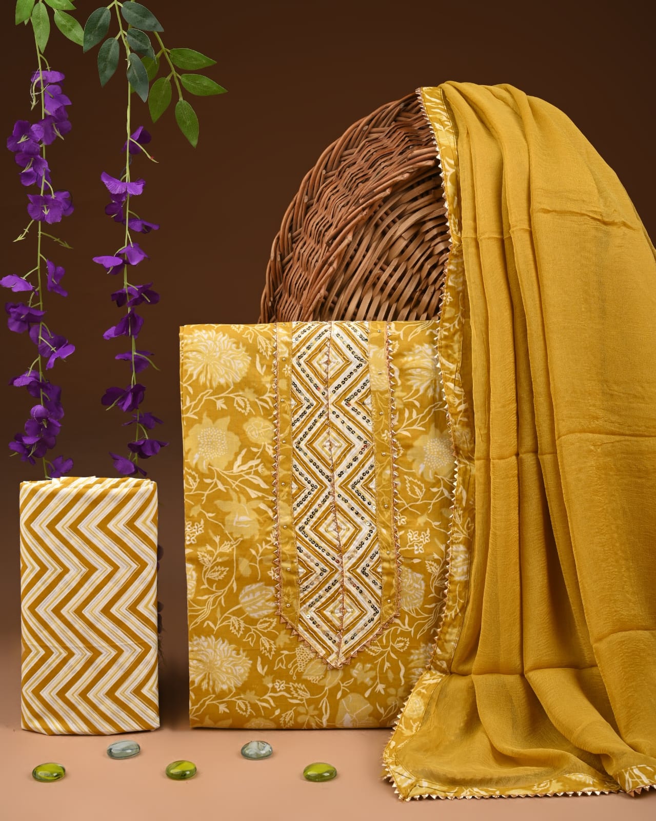 Premium Gota Patti Work Cotton Suit Set With Chiffon Dupatta
