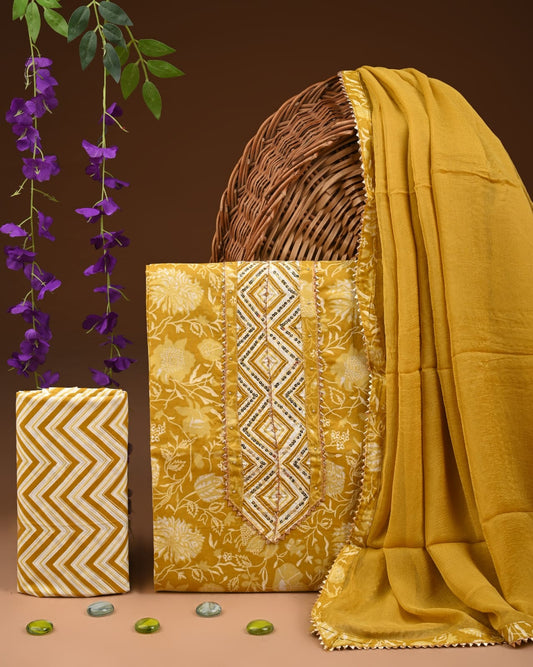 Premium Gota Patti Work Cotton Suit Set With Chiffon Dupatta