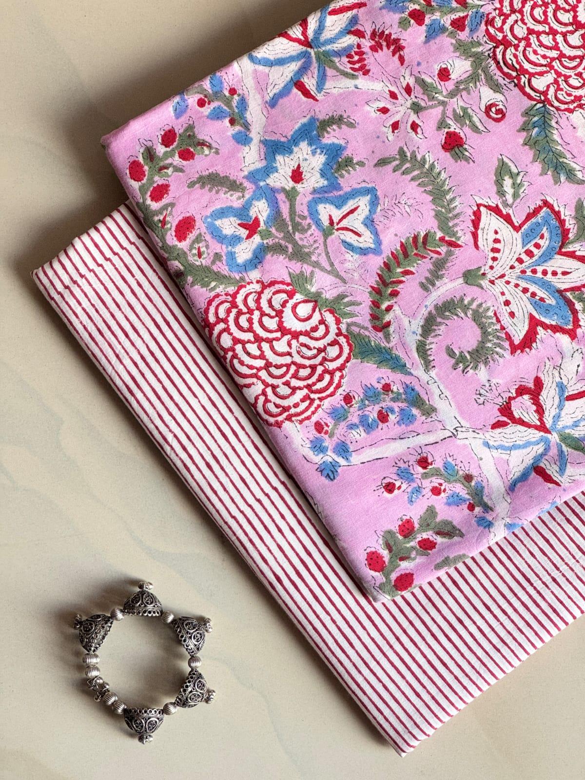 Pure Soft Cotton Handblock Printed 2PC Top-Bottom Suit Set (2.50 Meter Each)