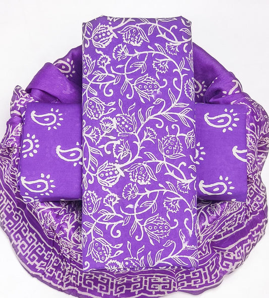 Pure Cotton Hand Block Printed Suit Set With Chiffon Dupatta