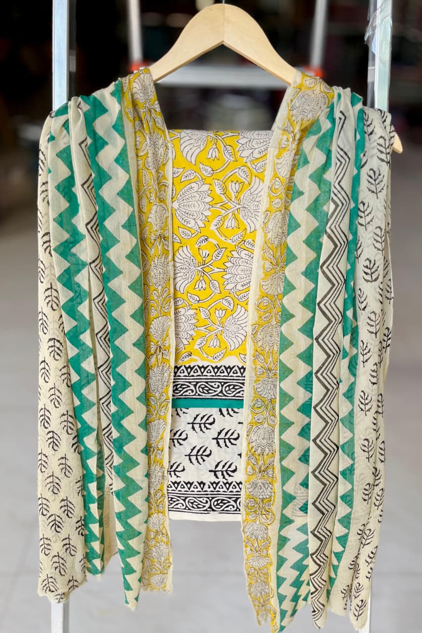 Pure Cotton Hand Block Printed Suit Set With Chiffon Dupatta