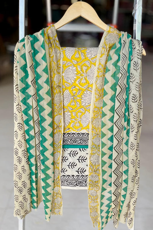 Pure Cotton Hand Block Printed Suit Set With Chiffon Dupatta