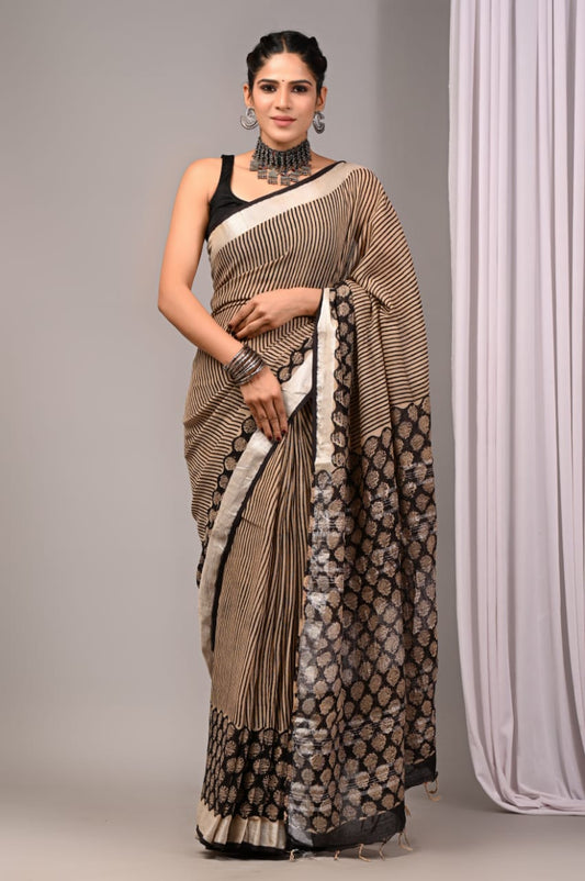 Pure Cotton Linen Handblock Printed Saree With Blouse