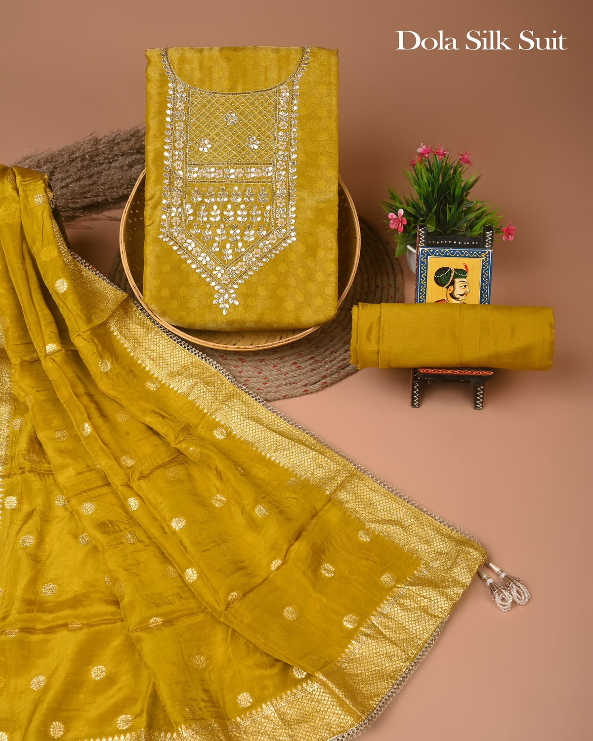 Premium Heavy Neck Work Dola Silk Suit Set
