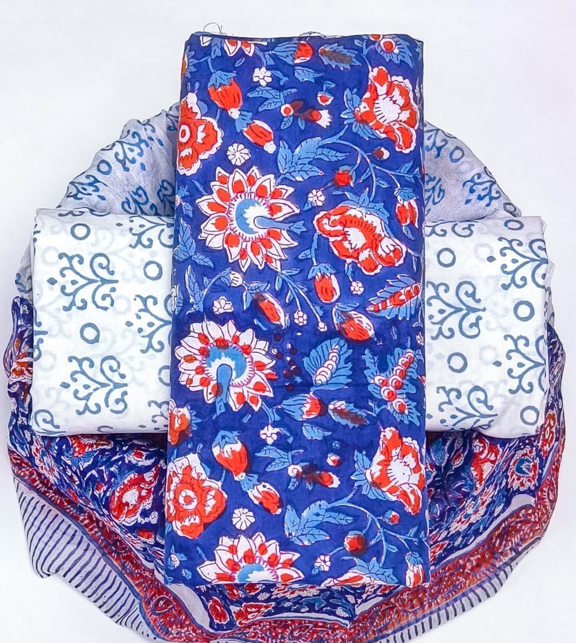 Pure Cotton Hand Block Printed Suit Set With Chiffon Dupatta