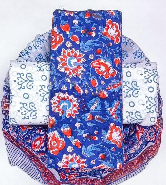 Pure Cotton Hand Block Printed Suit Set With Chiffon Dupatta