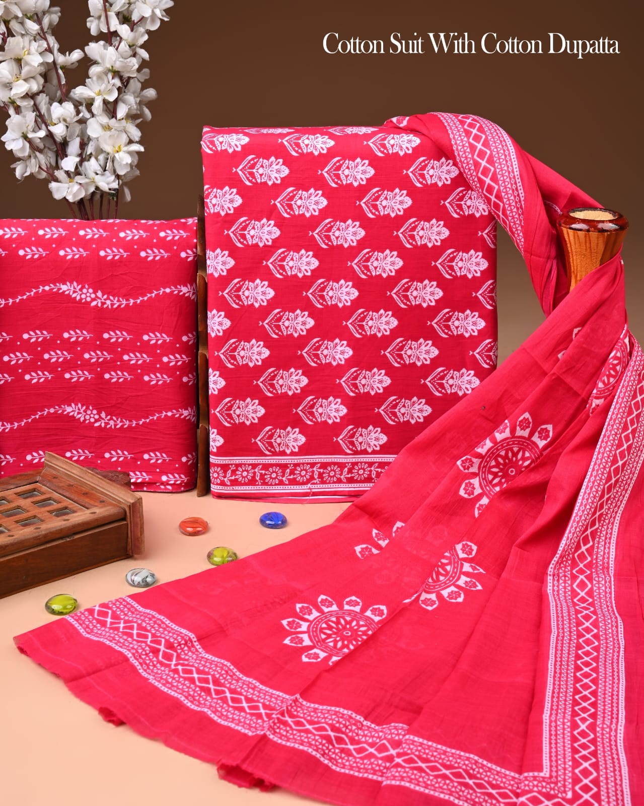 Designer Hand Block Printed Cotton Suit Set With Cotton Dupatta