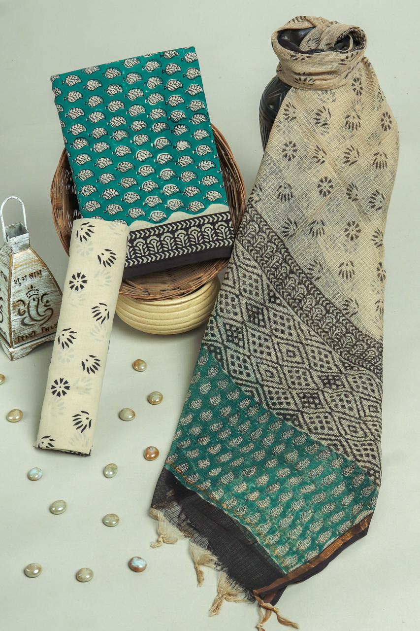 Pure Cotton Hand Block Printed Suit Set With Kota Doria Dupatta