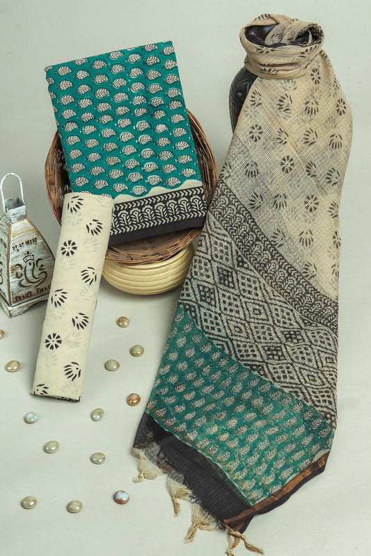 Pure Cotton Hand Block Printed Suit Set With Kota Doria Dupatta