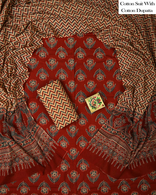 Designer Hand Block Printed Cotton Suit Set With Cotton Dupatta