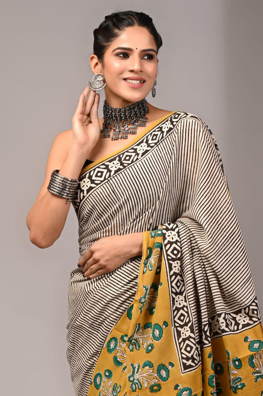 Pure Soft Cotton Handblock Printed Saree With Blouse