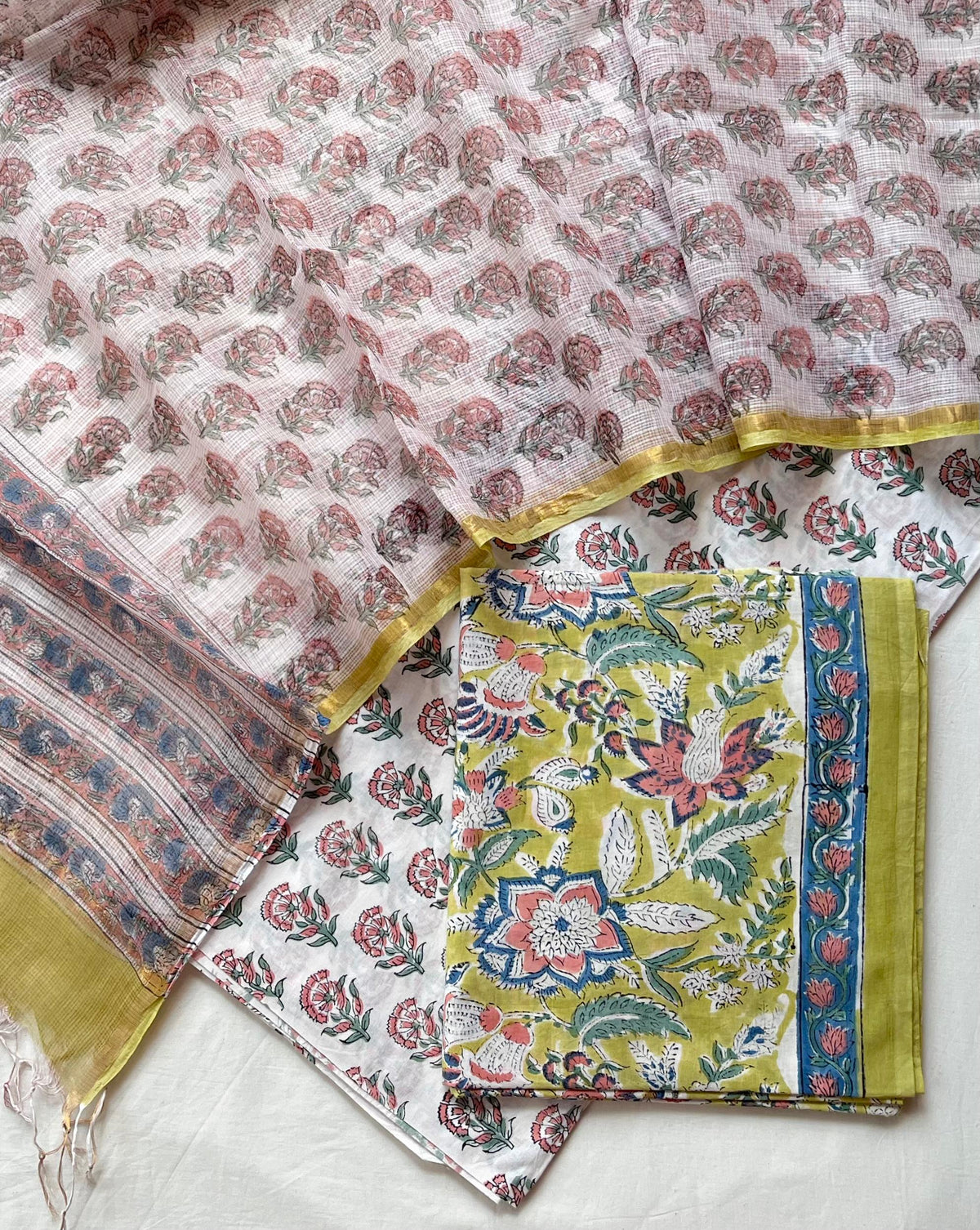 Pure Cotton Hand Block Printed Suit Set With Kota Doria Dupatta