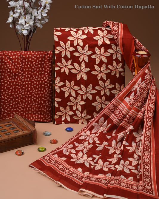 Designer Hand Block Printed Cotton Suit Set With Cotton Dupatta
