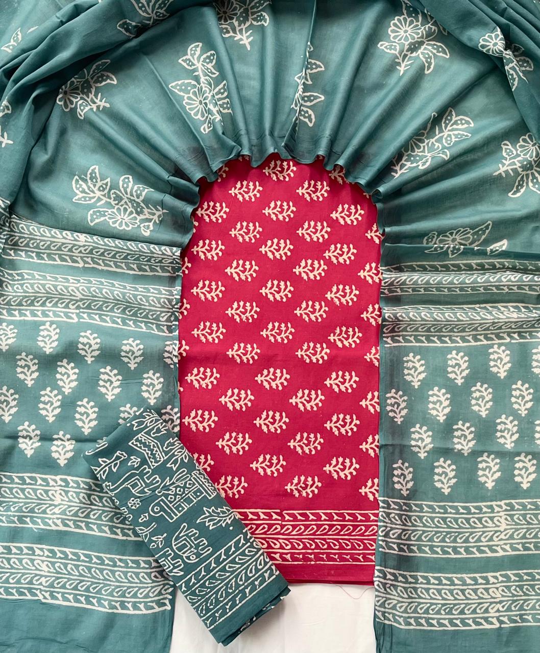 Pure Soft Cotton Hand Block Printed Suit Set With Cotton Dupatta