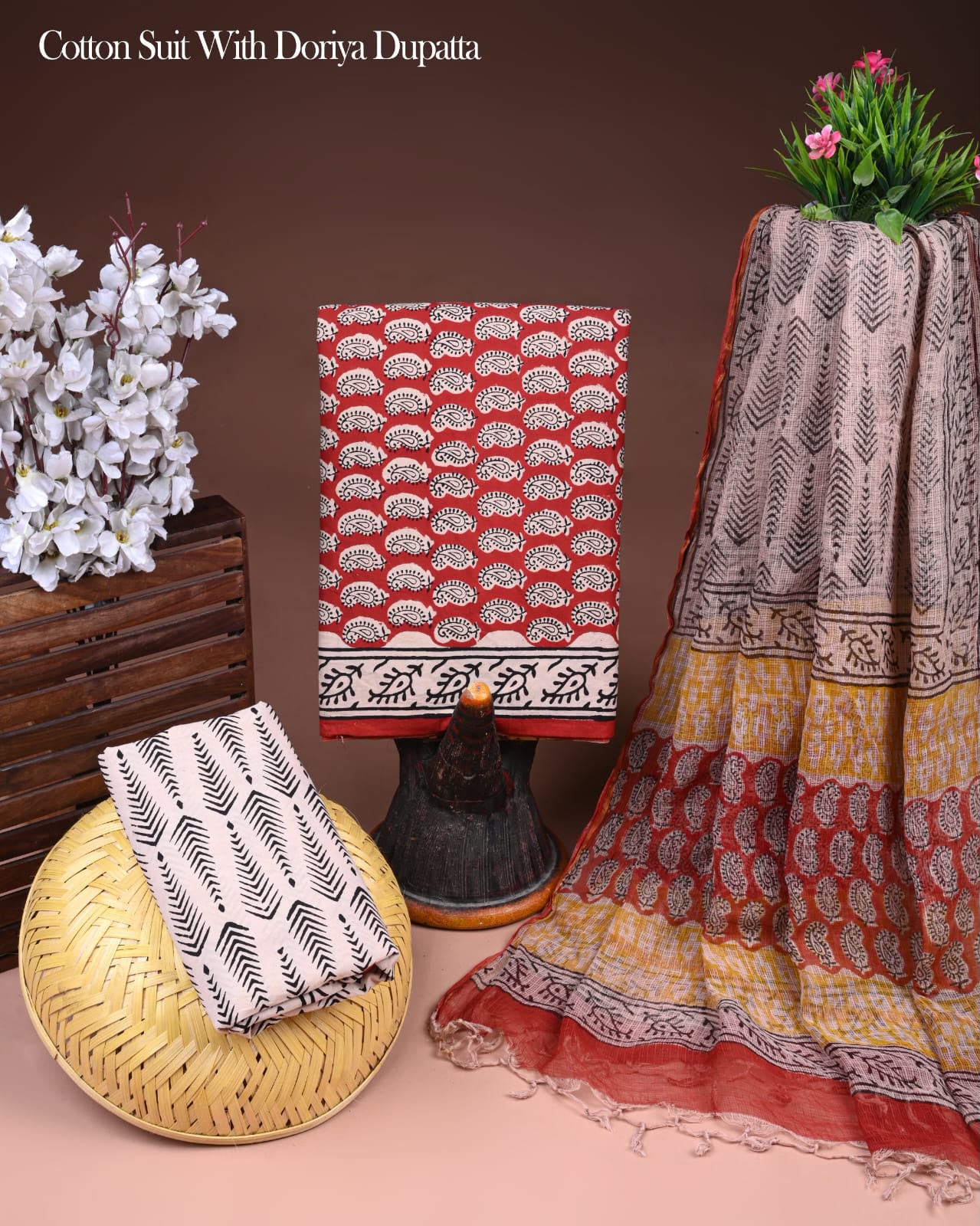Pure Cotton Hand Block Printed Suit Set With Kota Doria Dupatta