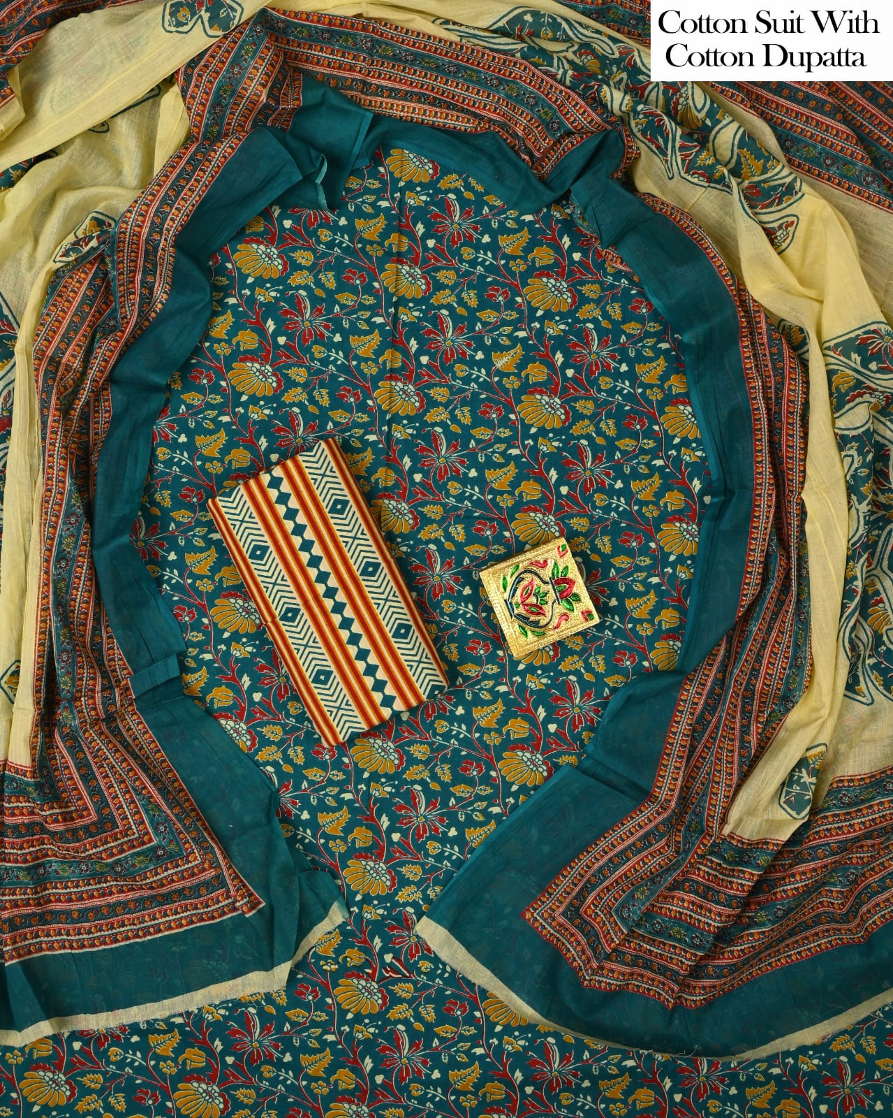 Designer Hand Block Printed Cotton Suit Set With Cotton Dupatta