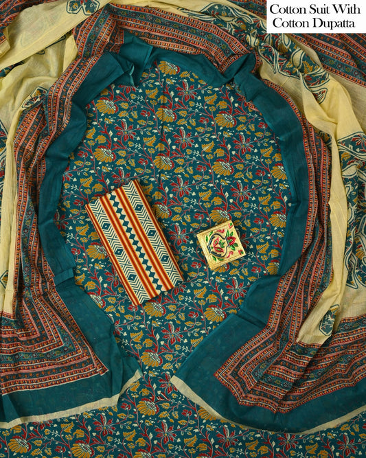 Designer Hand Block Printed Cotton Suit Set With Cotton Dupatta