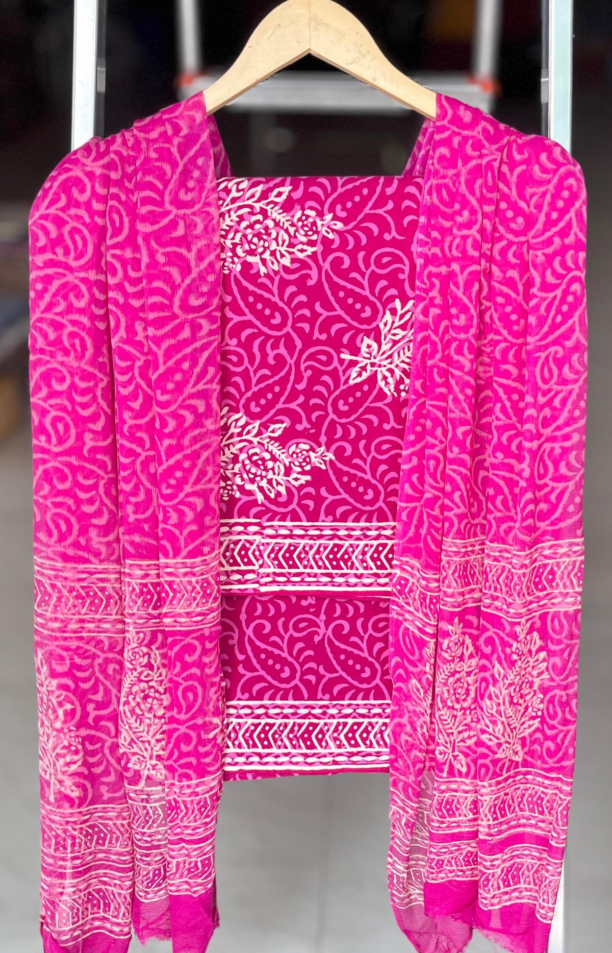 Pure Cotton Hand Block Printed Suit Set With Chiffon Dupatta