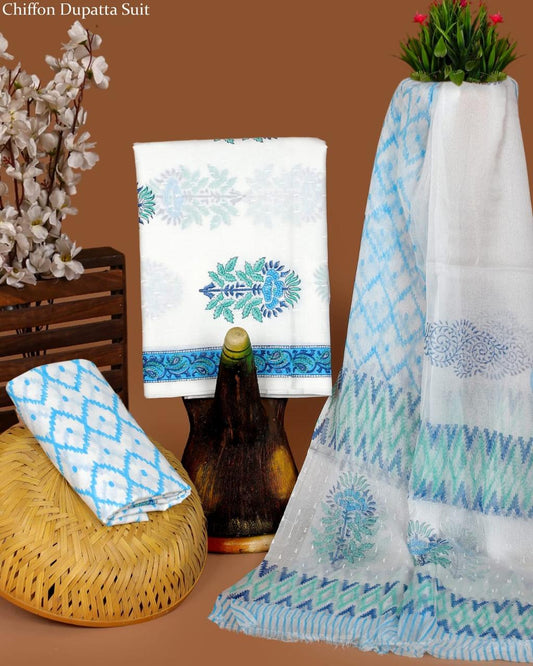Pure Cotton Hand Block Printed Suit Set With Chiffon Dupatta