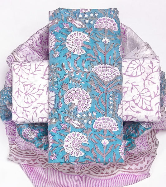 Pure Cotton Hand Block Printed Suit Set With Chiffon Dupatta