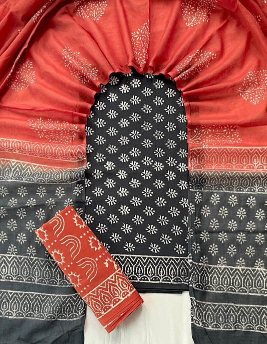 Pure Soft Cotton Hand Block Printed Suit Set With Cotton Dupatta