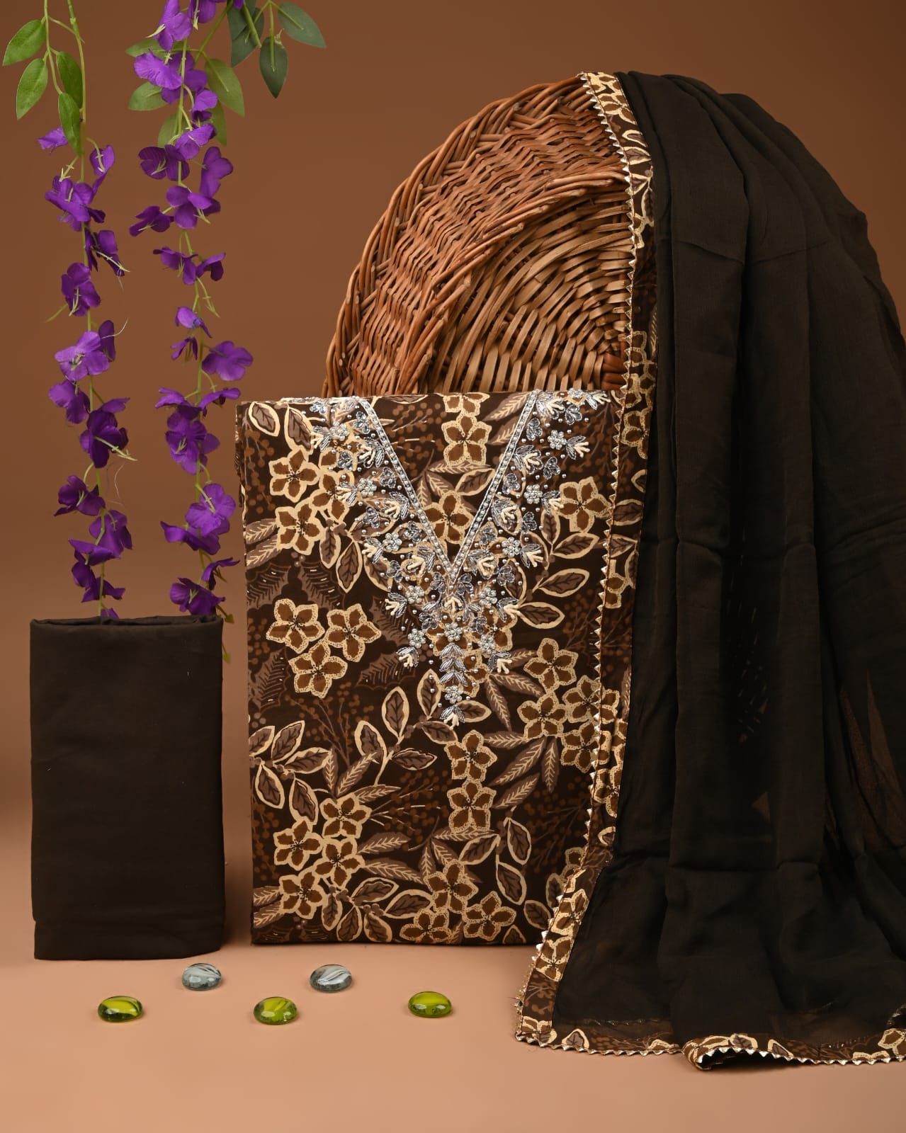 Premium Gota Patti Work Cotton Suit Set With Chiffon Dupatta