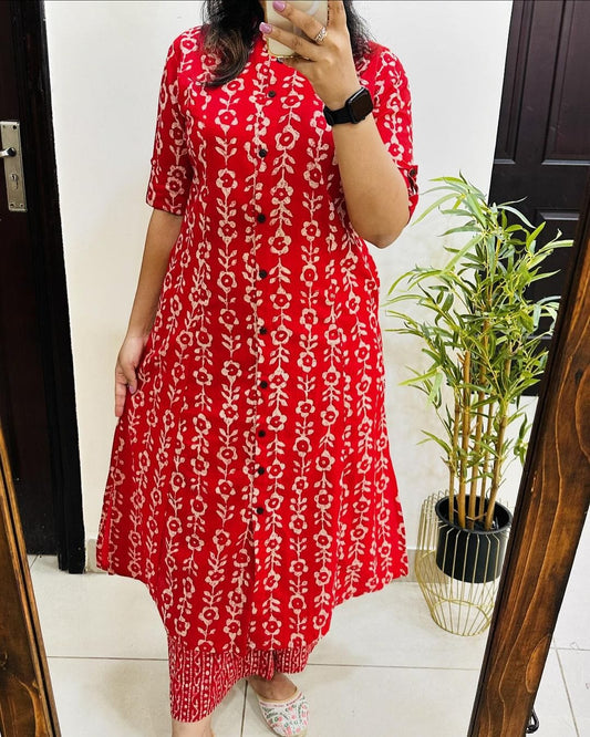 Premium Floral Fine Cotton Printed A-Line Pattern Kurti-Palazzo Set
