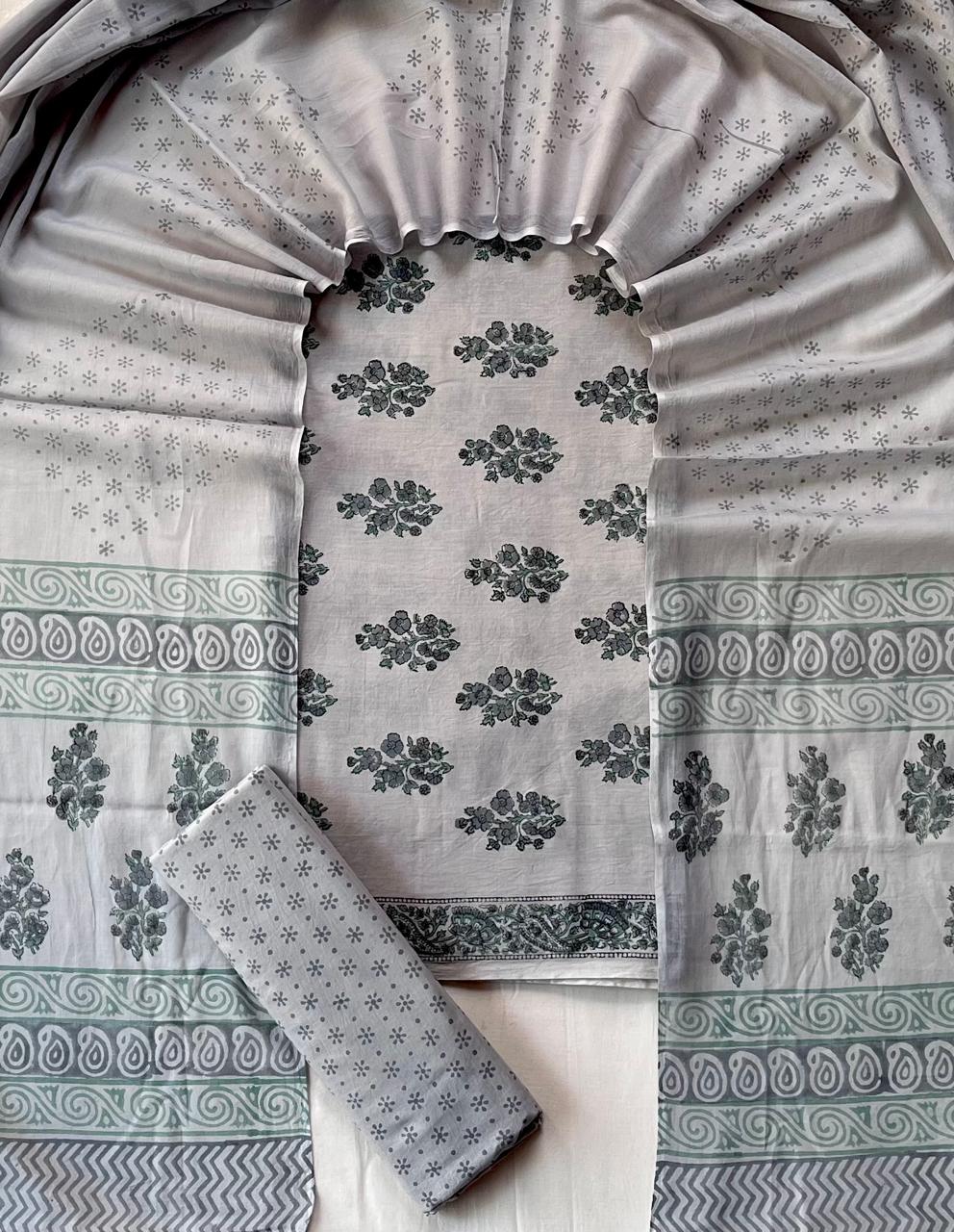 Pure Soft Cotton Hand Block Printed Suit Set With Cotton Dupatta