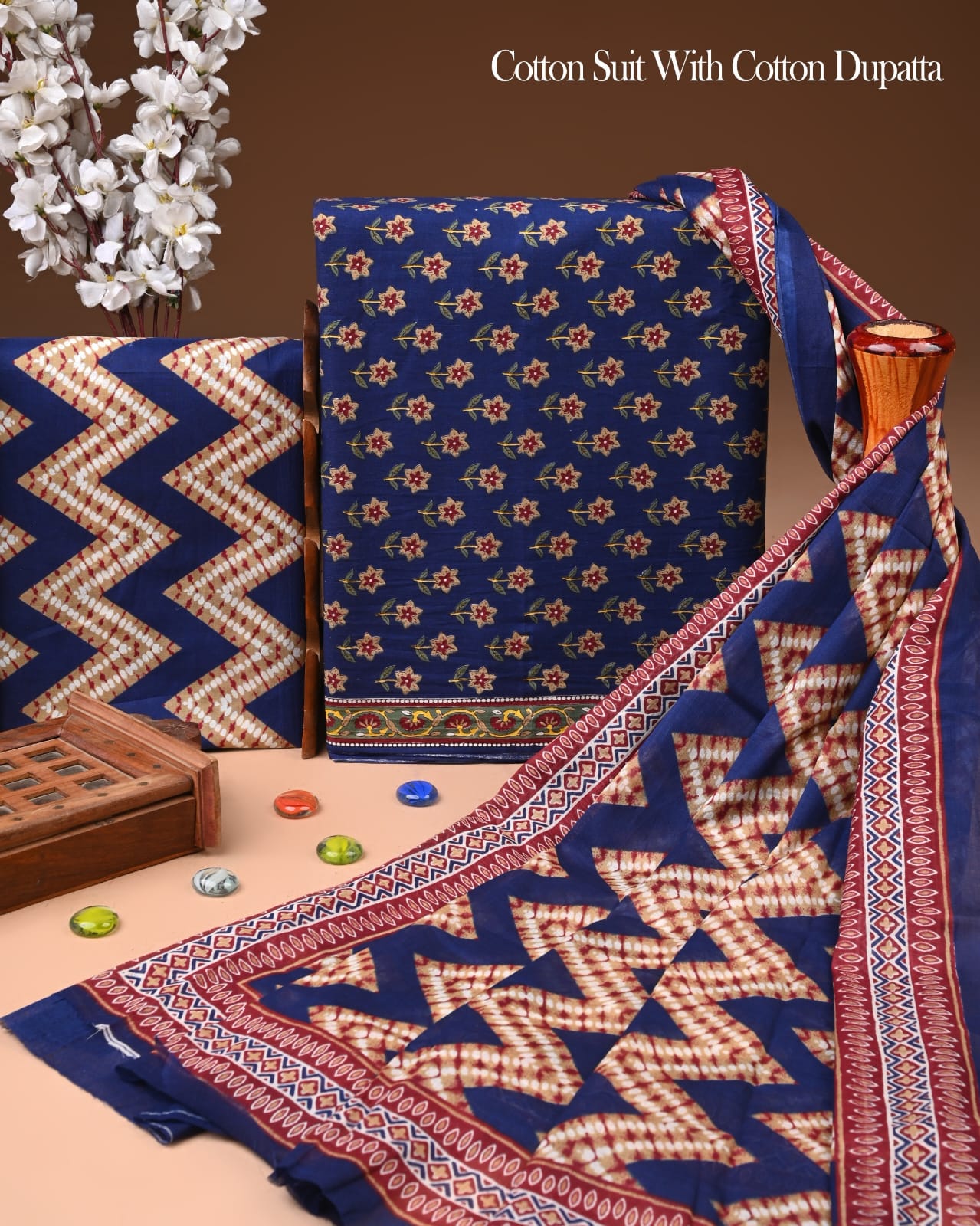 Designer Hand Block Printed Cotton Suit Set With Cotton Dupatta
