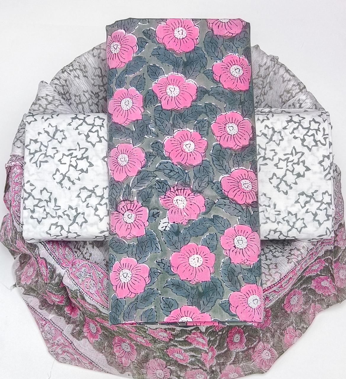 Pure Cotton Hand Block Printed Suit Set With Chiffon Dupatta