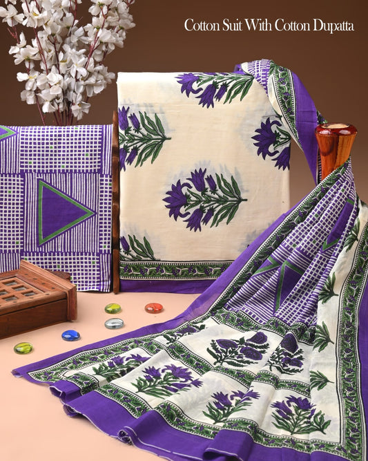 Pure Soft Cotton Hand Block Printed Suit Set With Cotton Dupatta