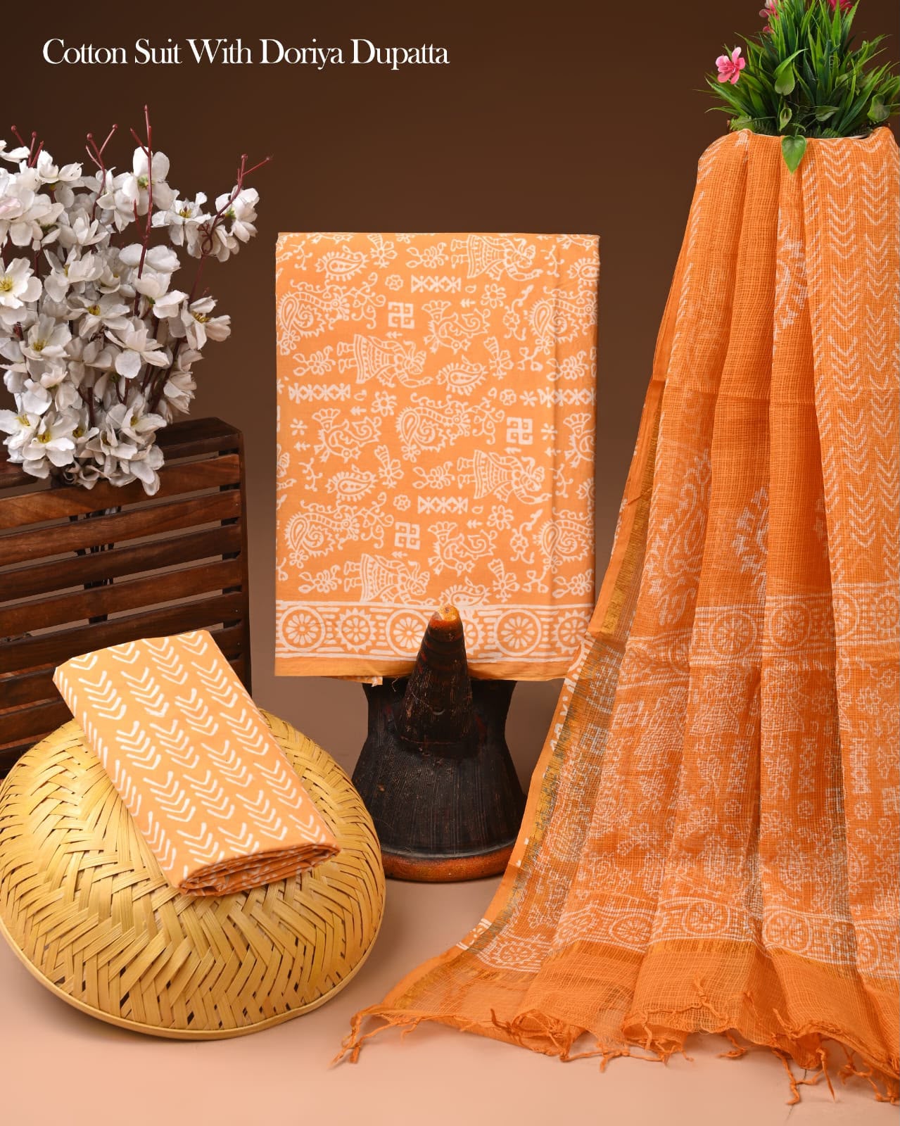 Pure Cotton Hand Block Printed Suit Set With Kota Doria Dupatta