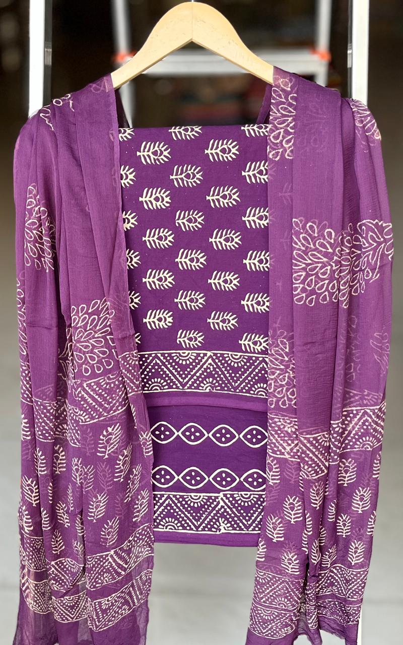 Pure Cotton Hand Block Printed Suit Set With Chiffon Dupatta