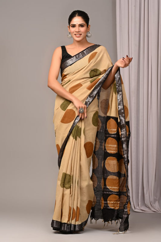 Pure Cotton Linen Handblock Printed Saree With Blouse