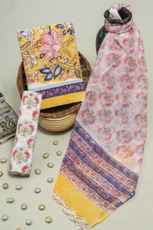 Pure Cotton Hand Block Printed Suit Set With Kota Doria Dupatta
