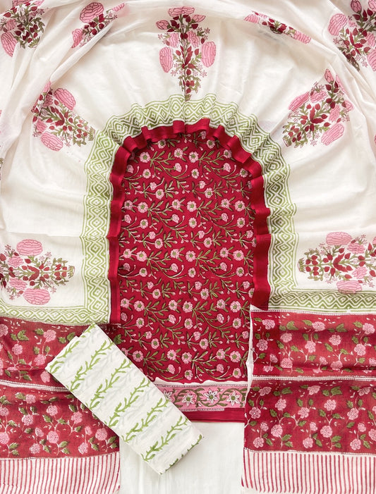 Pure Soft Cotton Hand Block Printed Suit Set With Cotton Dupatta