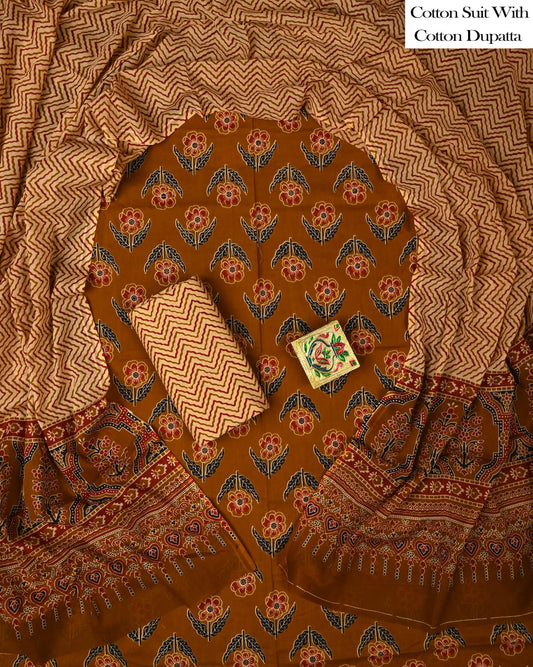 Designer Hand Block Printed Cotton Suit Set With Cotton Dupatta