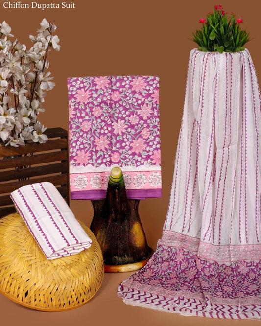 Pure Cotton Hand Block Printed Suit Set With Chiffon Dupatta