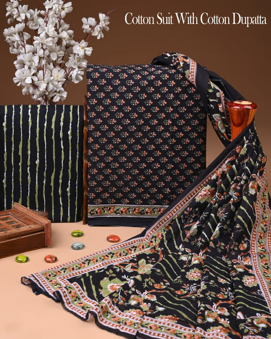 Pure Soft Cotton Hand Block Printed Suit Set With Cotton Dupatta