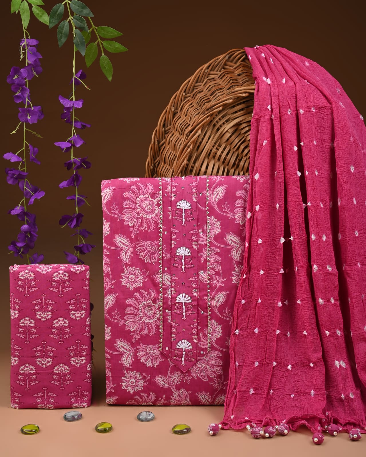 Premium Gota Patti Work Cotton Suit Set With Chiffon Dupatta