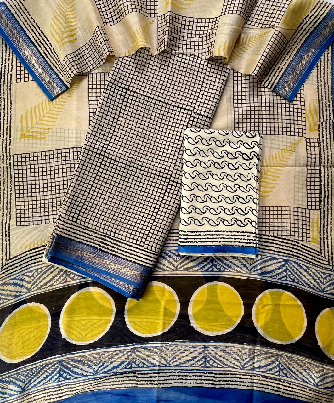 Premium Designer Handblock Printed Maheshwari Silk Suit Set