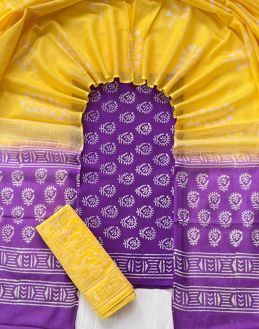 Pure Soft Cotton Hand Block Printed Suit Set With Cotton Dupatta