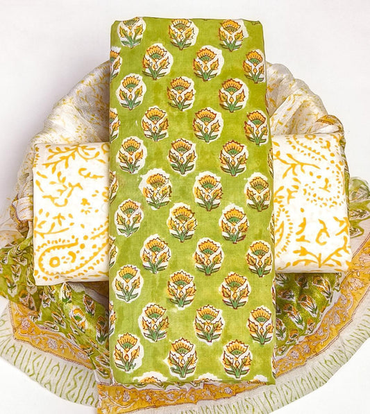 Pure Cotton Hand Block Printed Suit Set With Chiffon Dupatta