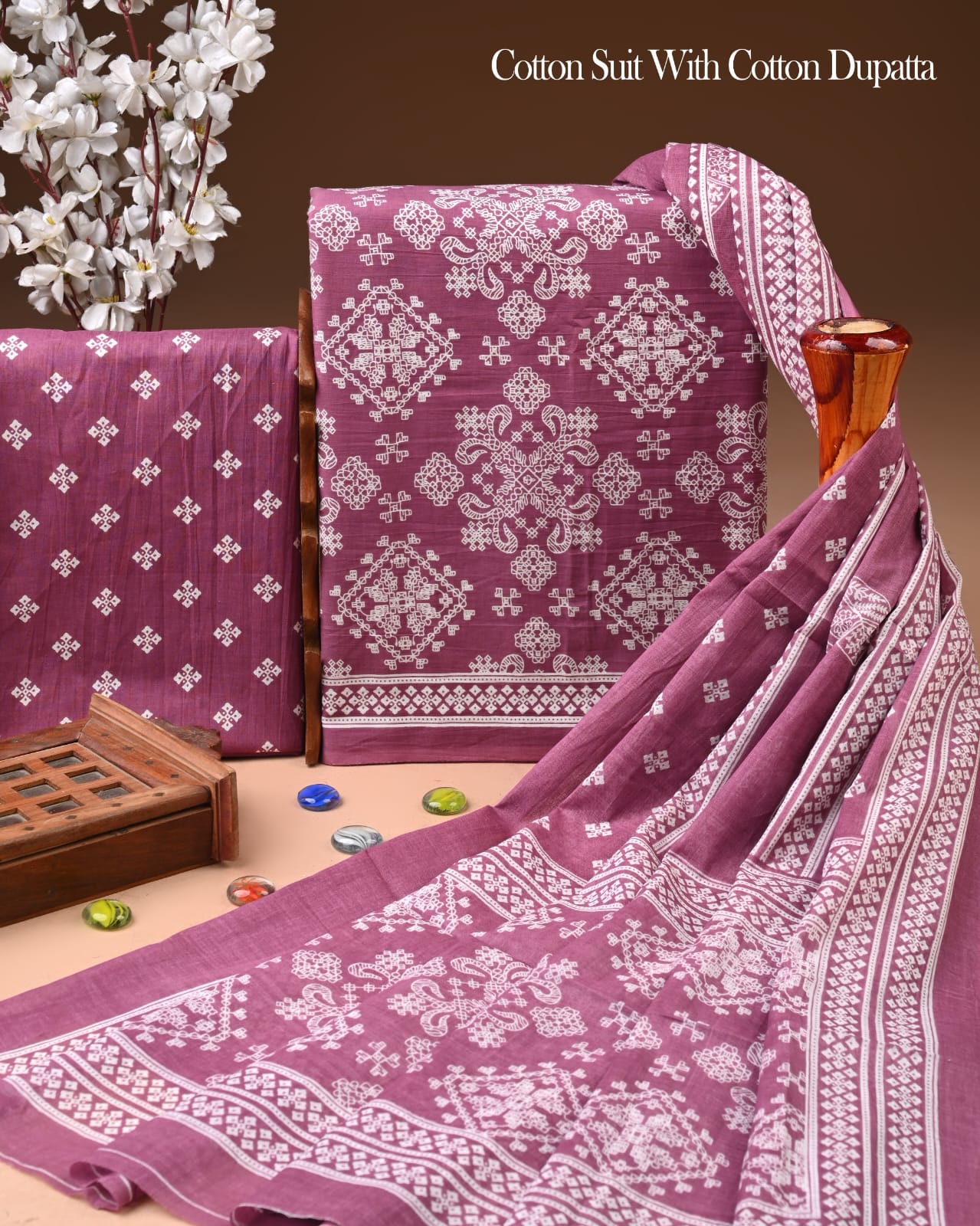 Designer Hand Block Printed Cotton Suit Set With Cotton Dupatta