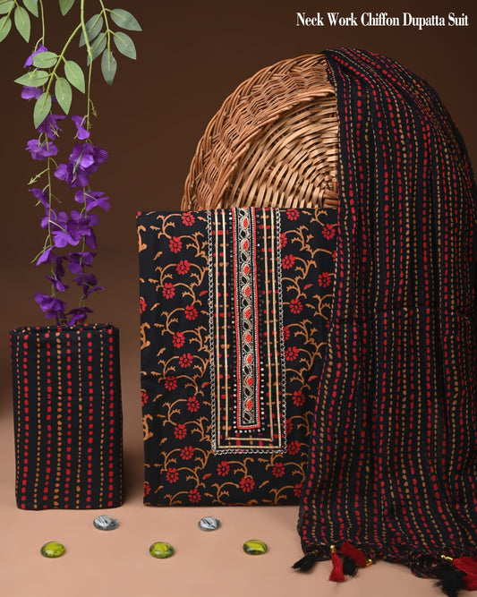 Premium Gota Patti Work Cotton Suit Set With Chiffon Dupatta